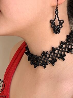 3 piece black lace handmade jewelry set, earrings, Bracelet, Necklace with black